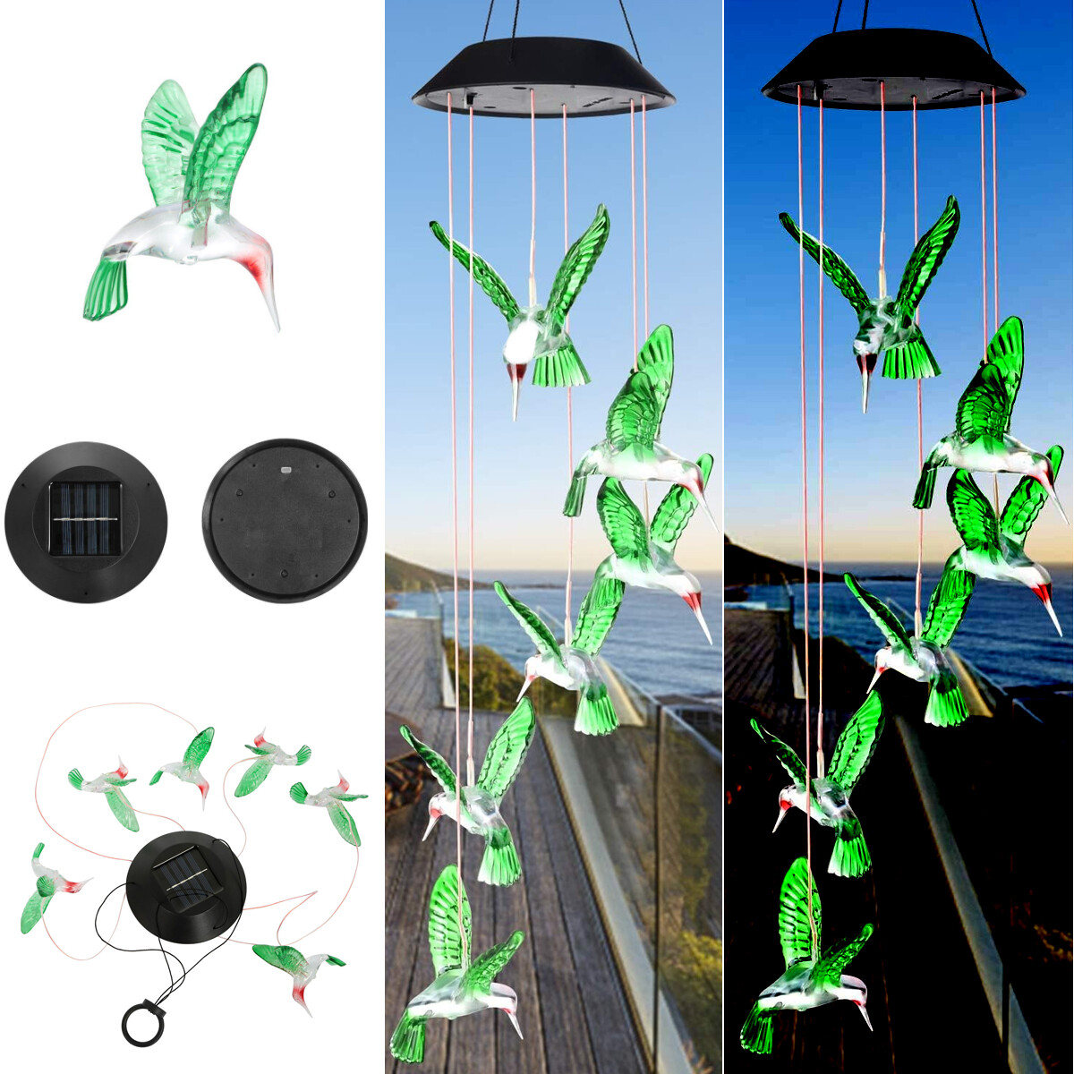 Campana de viento con luz solar de colibrí, mariposa y copo de nieve