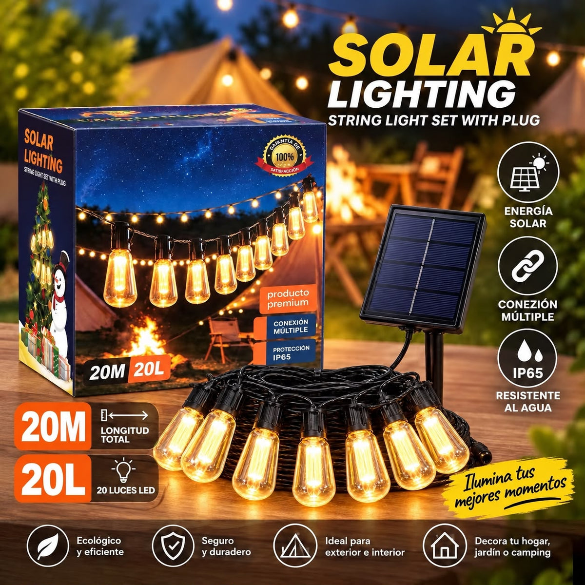 Guirnalda Solar 20 m con 20 Ampolletas LED